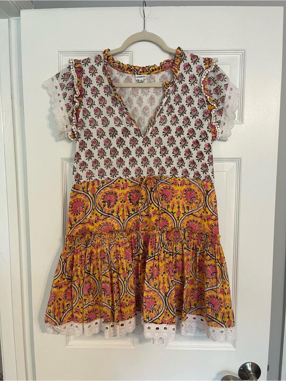 Charlee 100% Cotton Boho Floral Tiered Mini Dress - White & Yellow